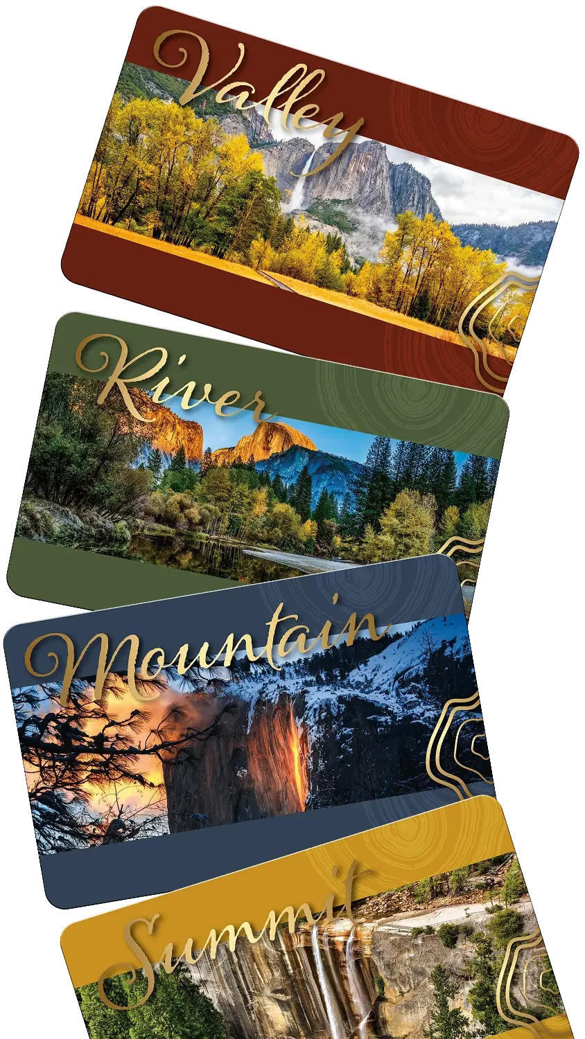 Image of rewards tier cards. In order from top to bottom: Valley, River, Mountain, and Summit.